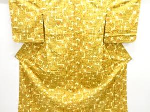 アンティーク　人物・花鳥更紗模様上代紬単衣着物